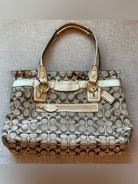 COACH Signature Canvas Satchel/Tote in Khaki/Gold/Brown